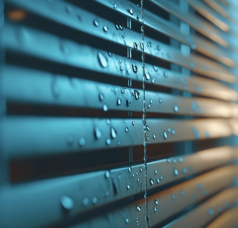 water droplets on wooden venetian blinds, showing that these blinds in chatham are waterproof and suitable for high humidity areas