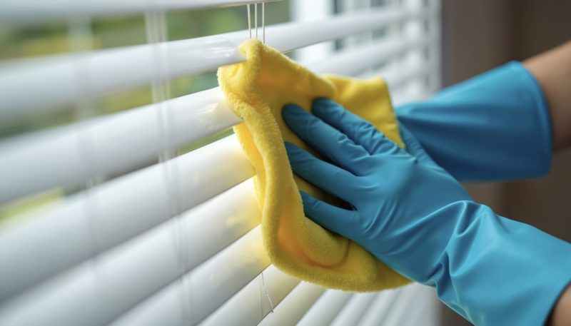 person cleaning white metal venetian blinds using a yellow microfibre cloth and wearing blue rubber gloves