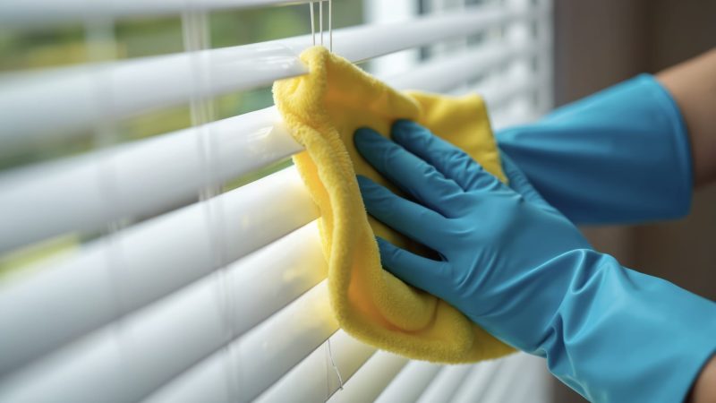 person cleaning white metal venetian blinds using a yellow microfibre cloth and wearing blue rubber gloves